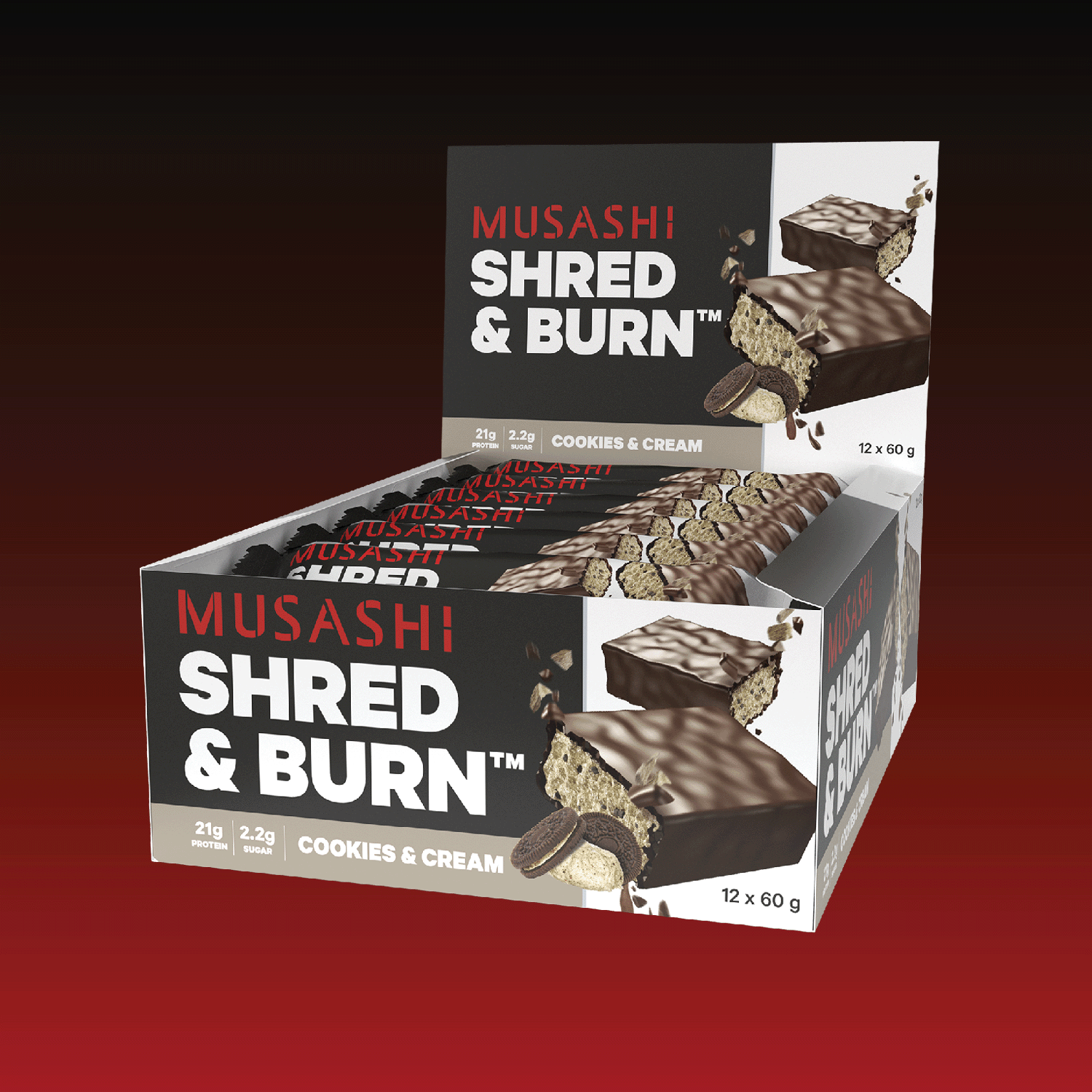 Musashi Protein Bar Cookies & Cream Shred & Burn Bar 60G (Box of 12 Bars)