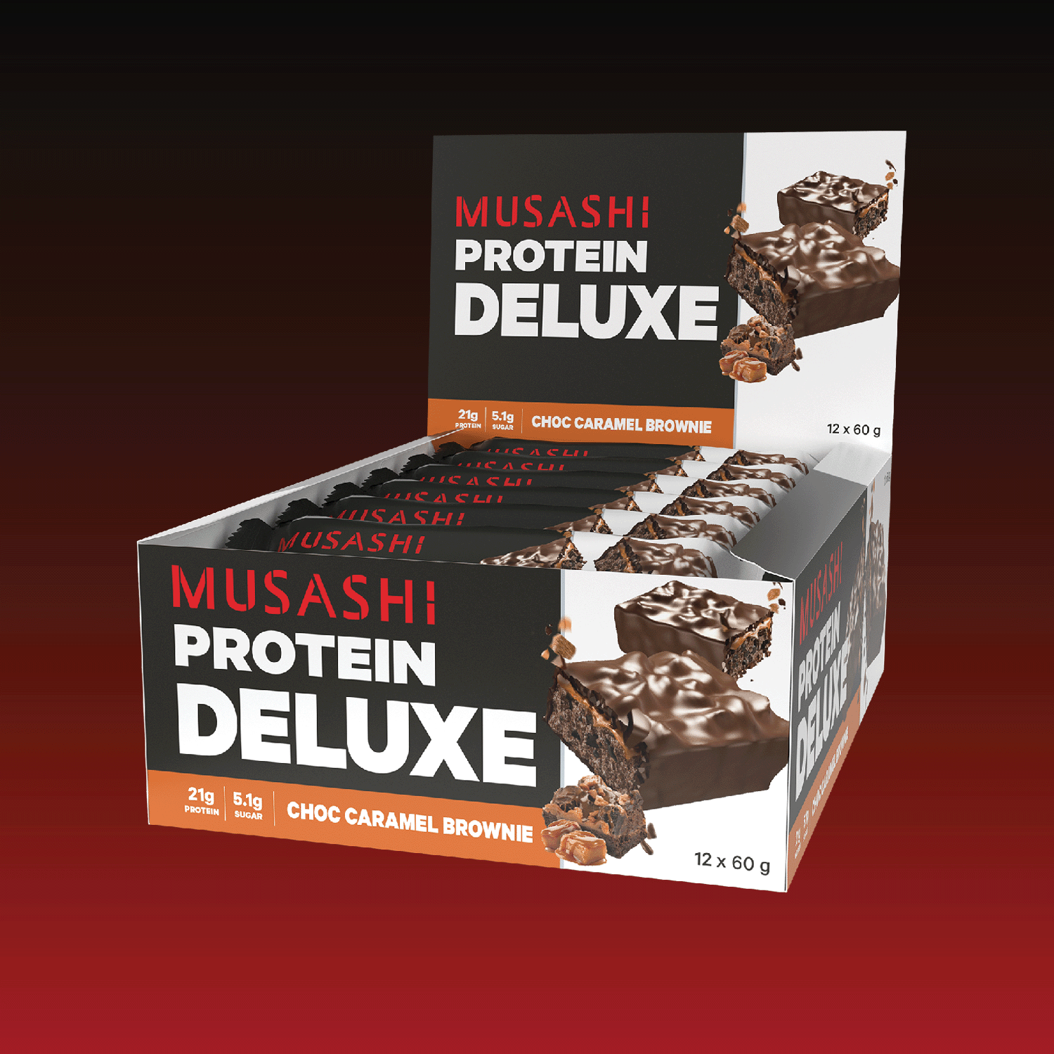 Musashi Protein Bar Chocolate Caramel Brownie Deluxe Protein Bar 60g (Box of 12 Bars)