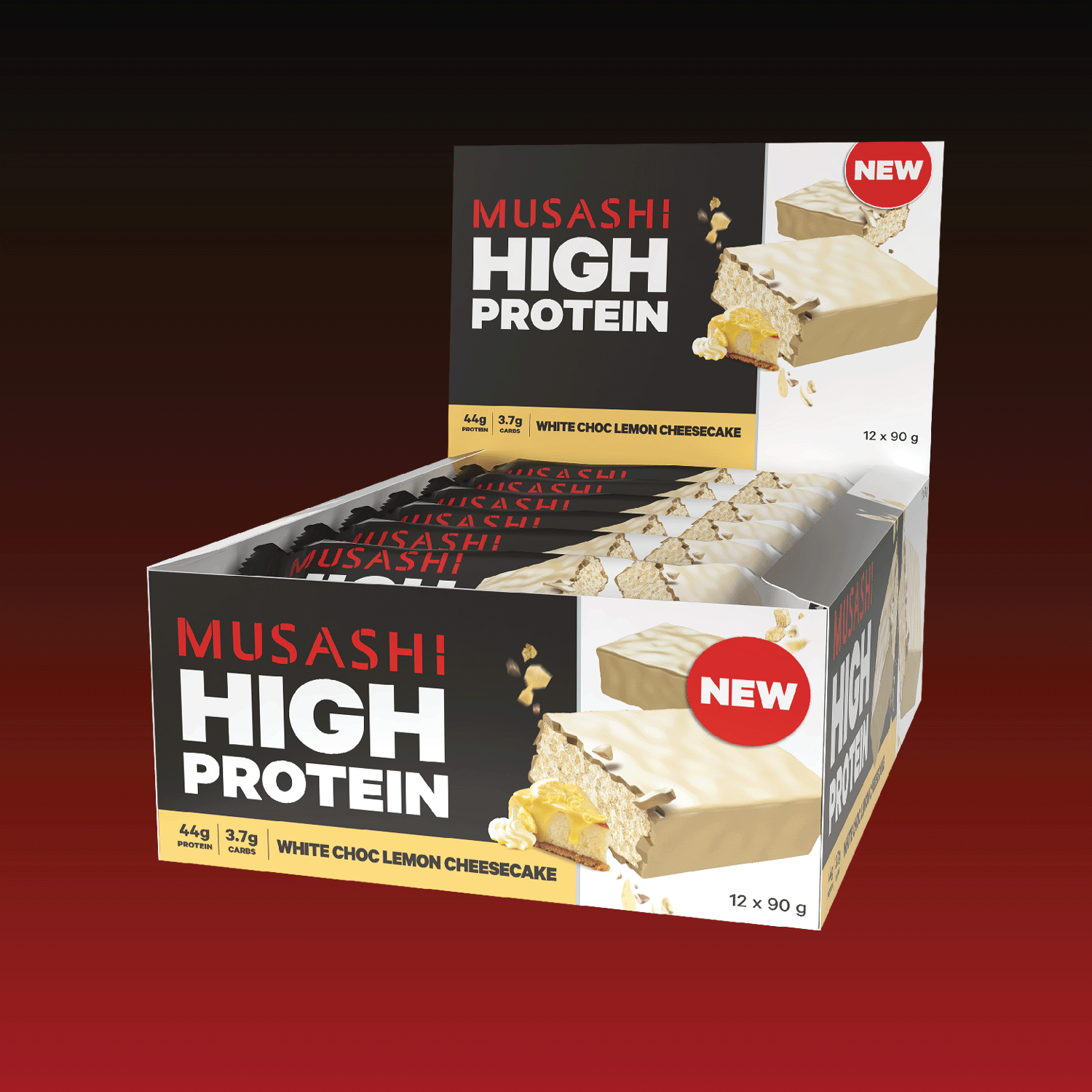 Musashi Protein Bar White Choc Lemon Cheesecake High Protein Bar 90g (Box of 12 Bars)