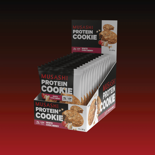 MUSASHI Protein Cookie White Choc Berry Protein Cookie 58g (Box of 12 Cookies)