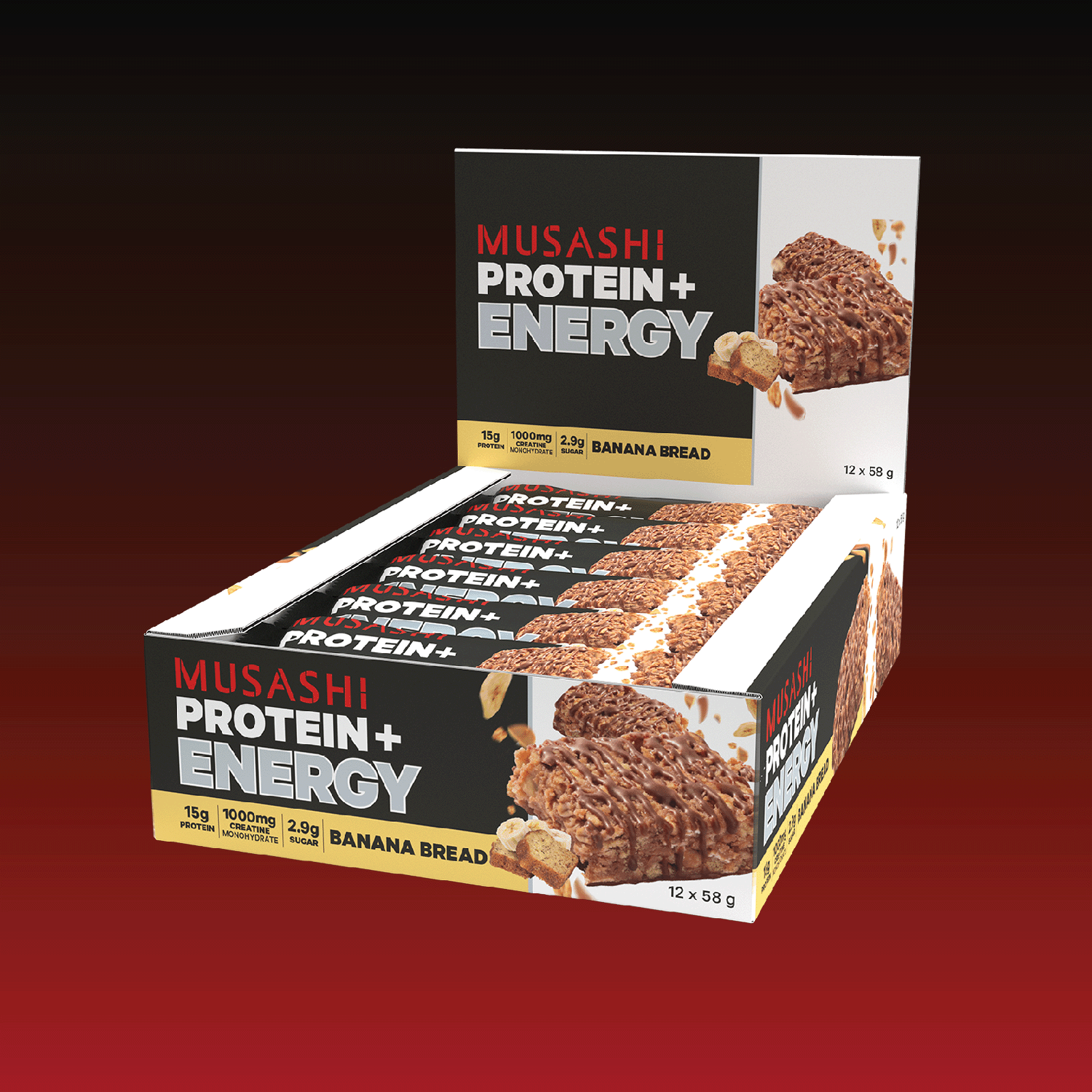 Musashi Protein Bar Banana Bread Protein+ Energy Bar 58g (Box of 12 Bars)