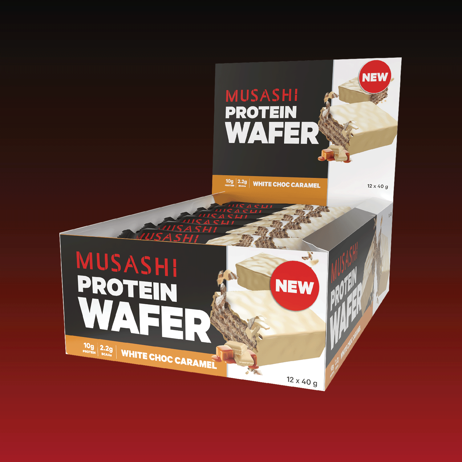 Musashi Protein Bar White Choc Caramel Protein Wafer Bar 40G (Box of 12 Bars)
