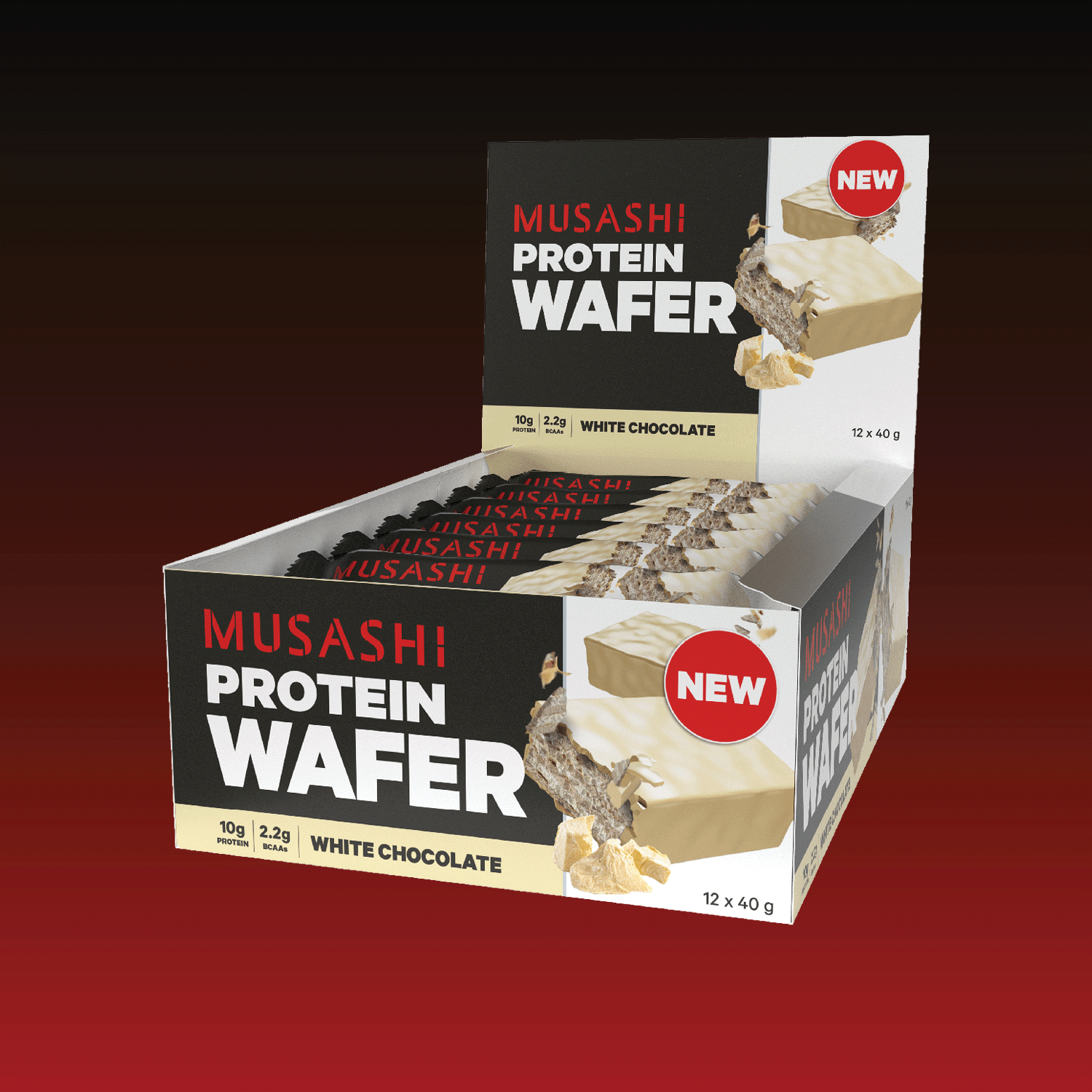 Musashi Protein Bar White Choc Protein Wafer Bar 40G (Box of 12 Bars)
